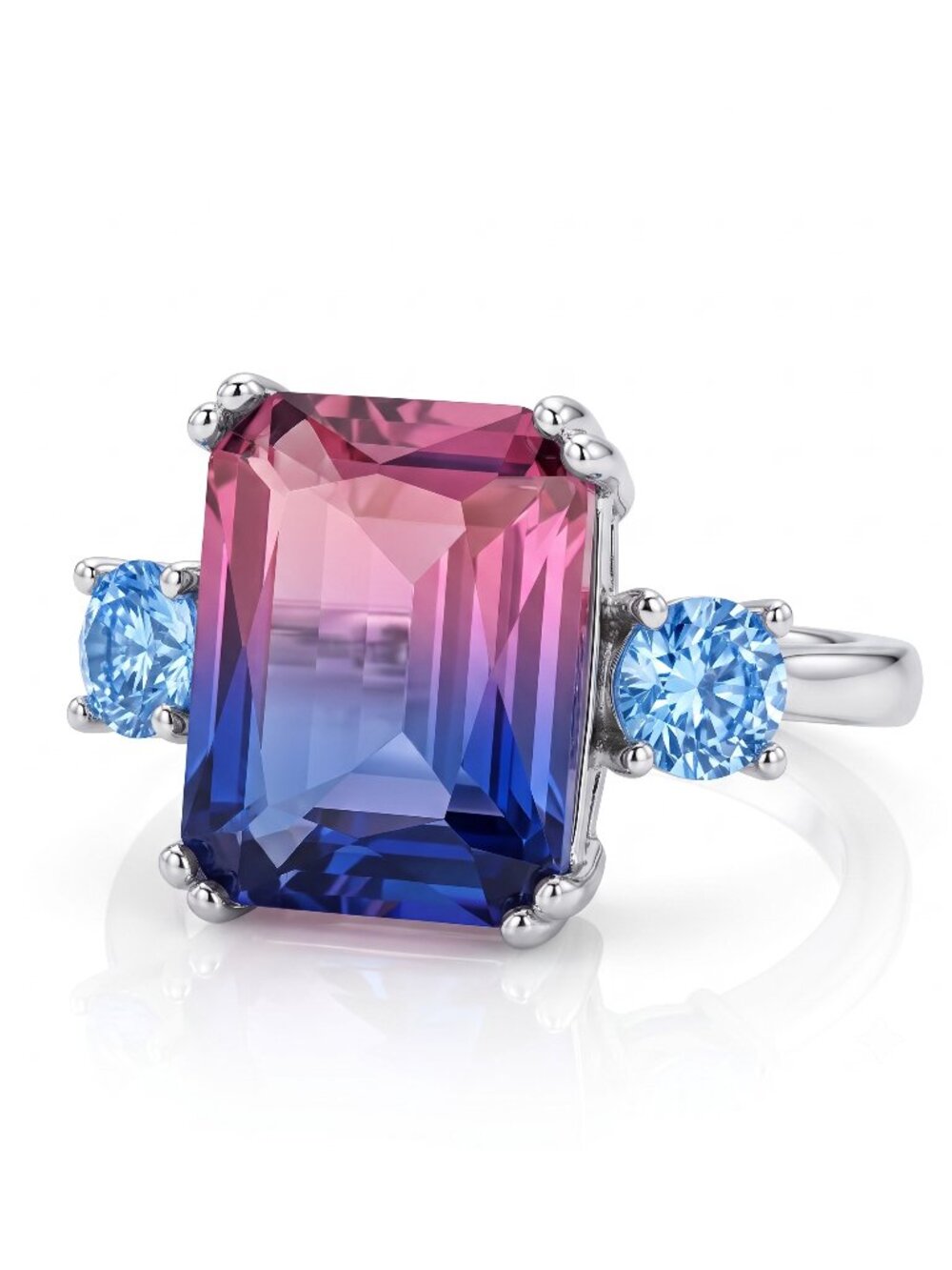 Pink & Purple Emerald Cut Gemstone Ring, 925 Sterling Silver Charmed Aroma